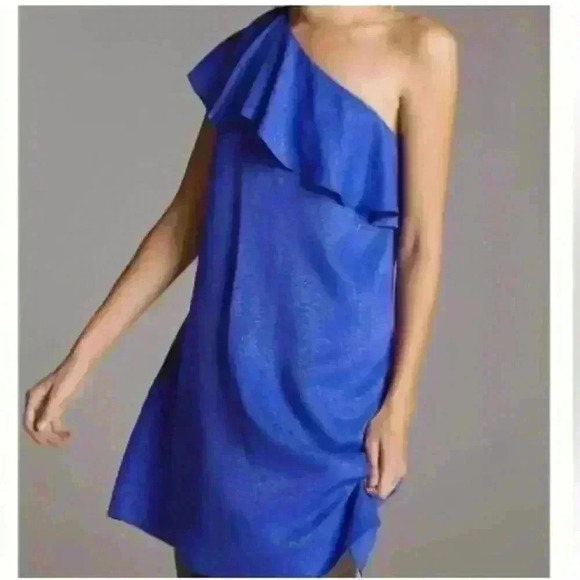 NWOT Anthropology Blue One Shoulder Dramatic Ruffled Blouse Tank Size 10 - Picture 4 of 7